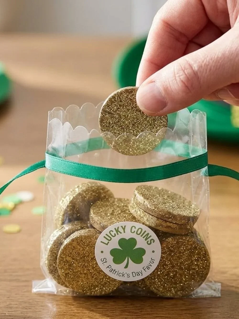 St Patrick's Day Gold Glitter Wood Coins 12ct - Leprechaun Trap Party Favors